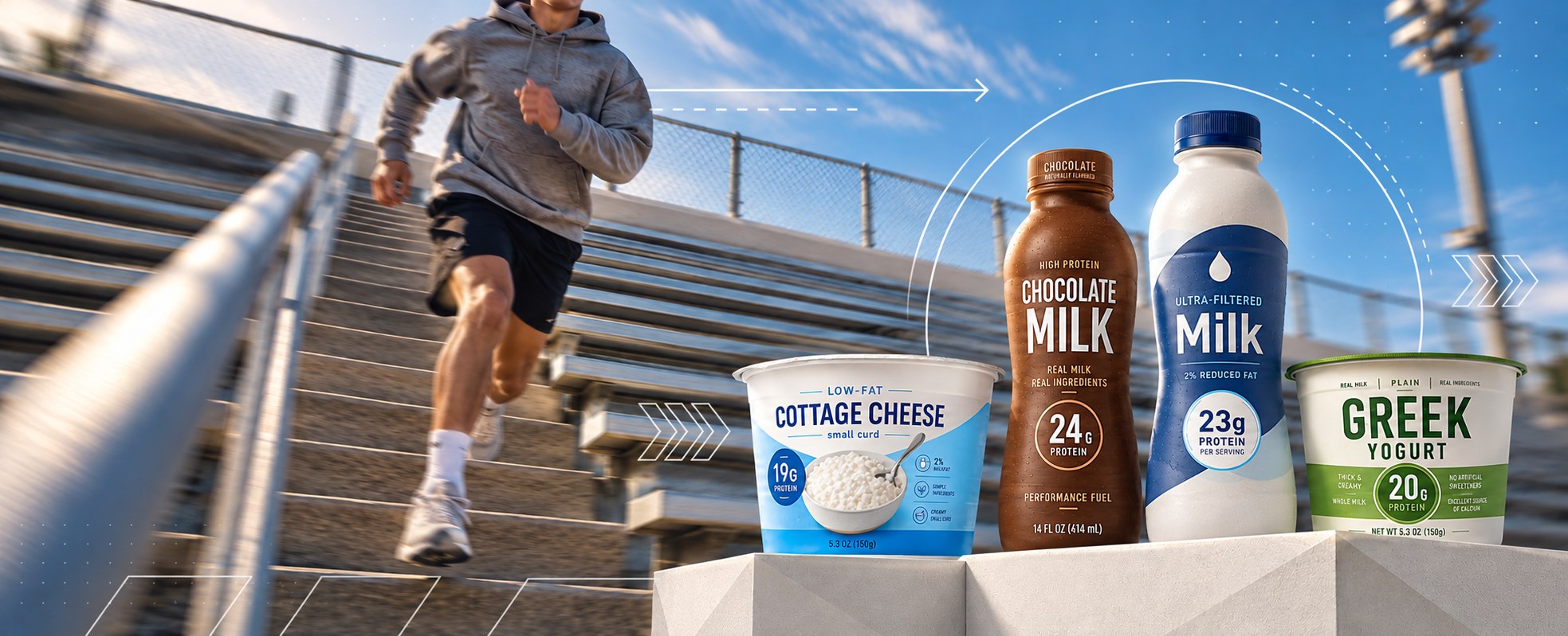 High school athlete on stadium stairs with dairy performance products